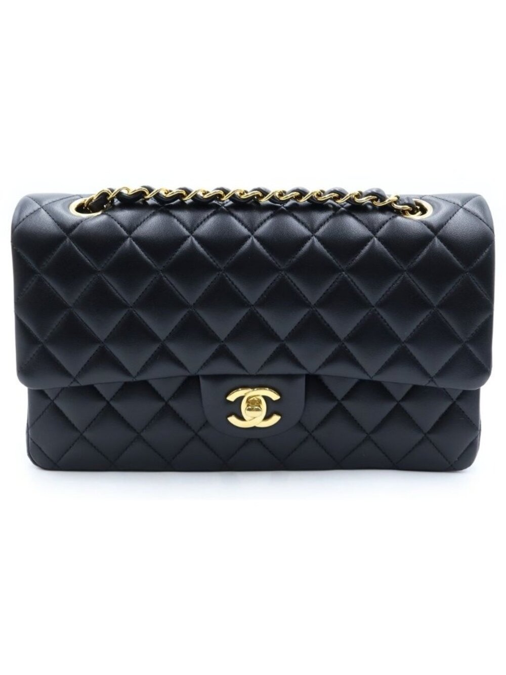 Chanel Quilted 25 Double Flap Chain Shoulder Bag Lambskin Gold Black Plate